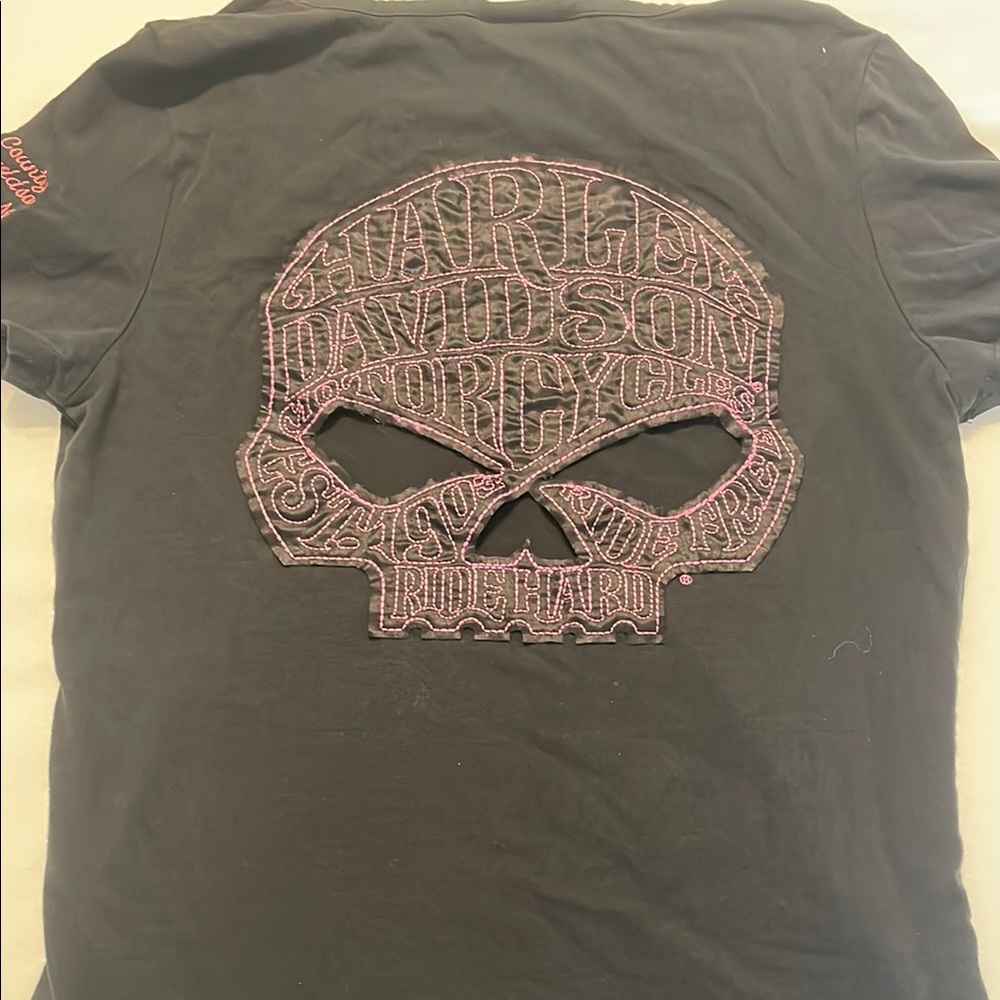 Harley-Davidson Black Tee with Purple Skull Embroidery